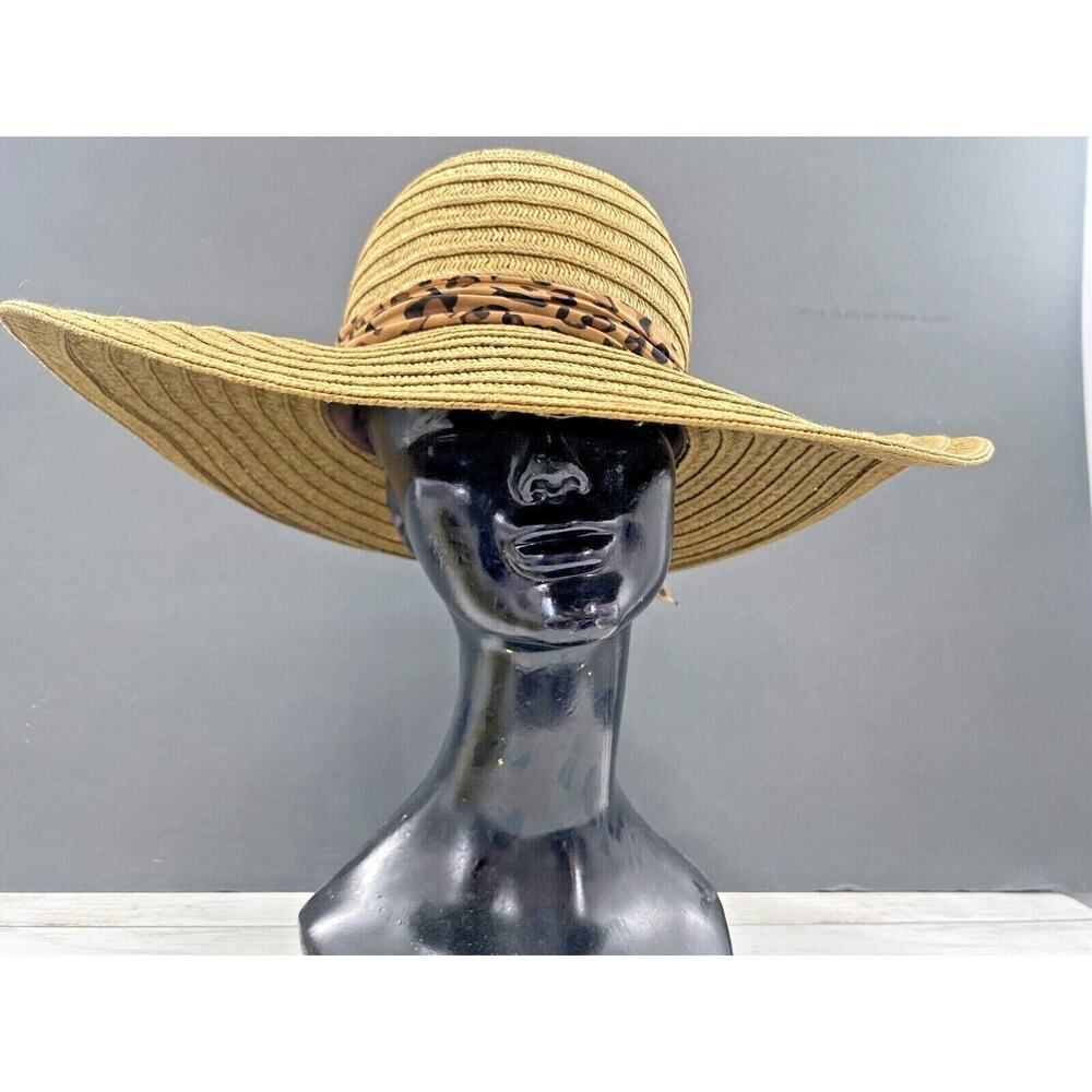 Women's Jacqueline Smith Leopard Trim Summer Beach Hat Large Sun Straw Floppy